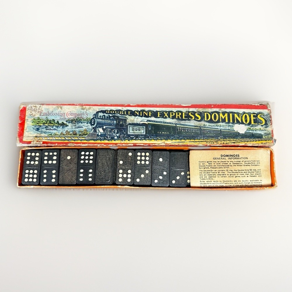 Antique Double Nine Express Train Dominoes Embossing Co Set w/ Box